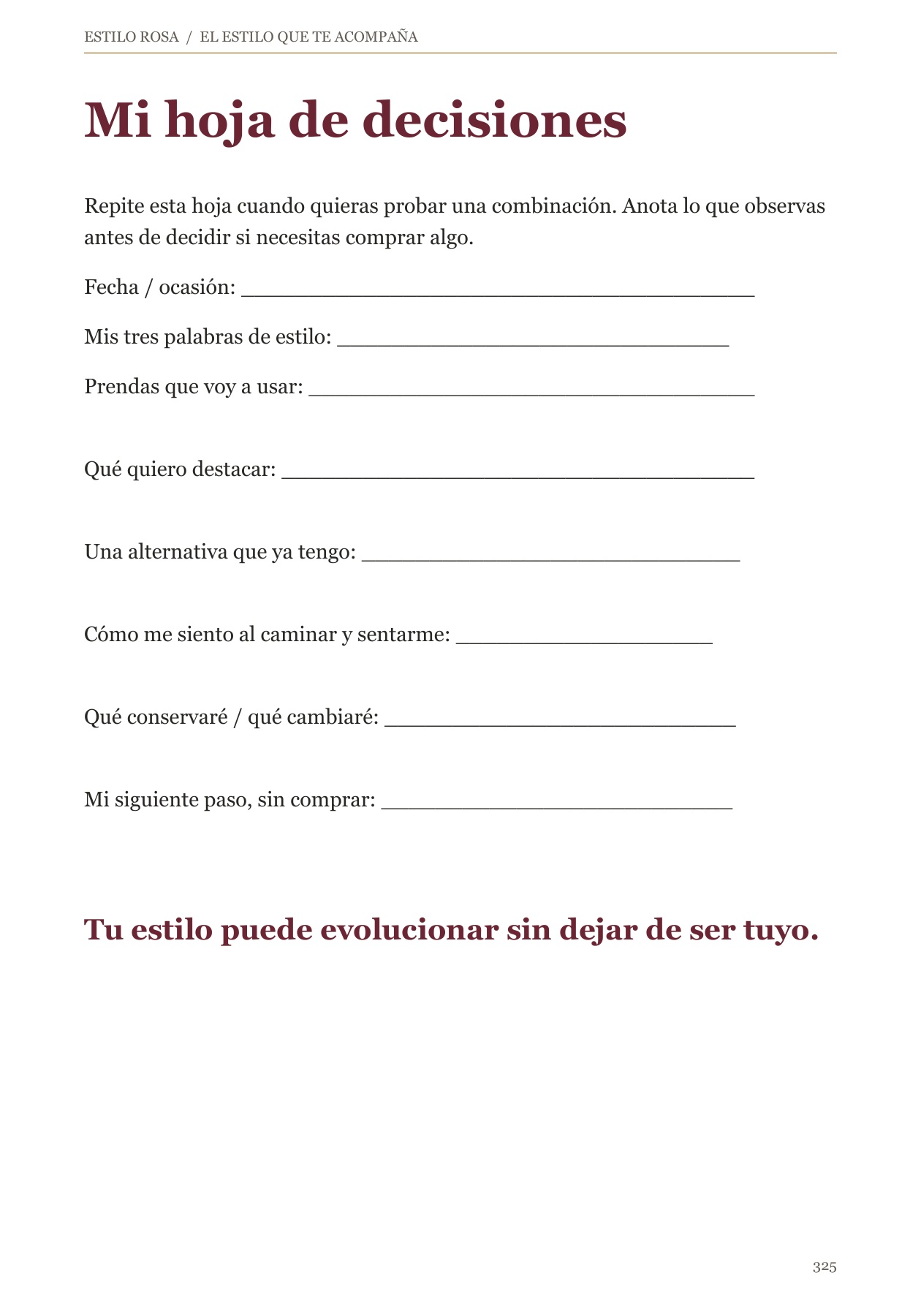 Página 325 del libro: Tu hoja personal para decidir sin comprar por impulso.