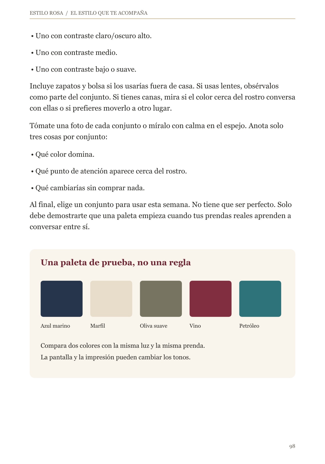 Página 98 del libro: Una paleta que empieza con tu propia ropa.